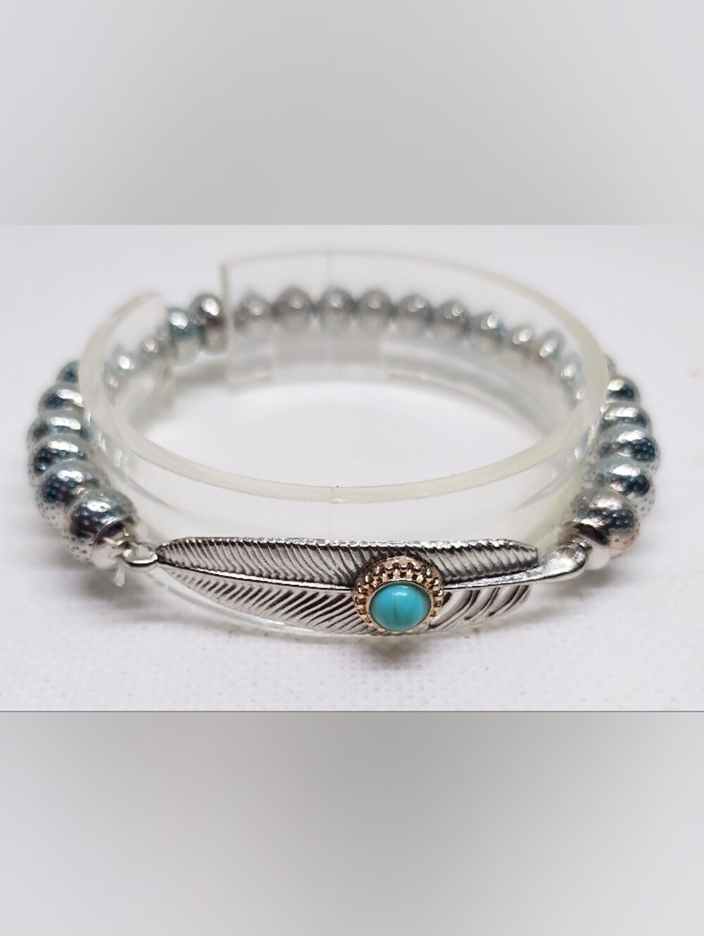 Men's Bracelet Beaded Turquoise Feather Silver New Jewelry G30